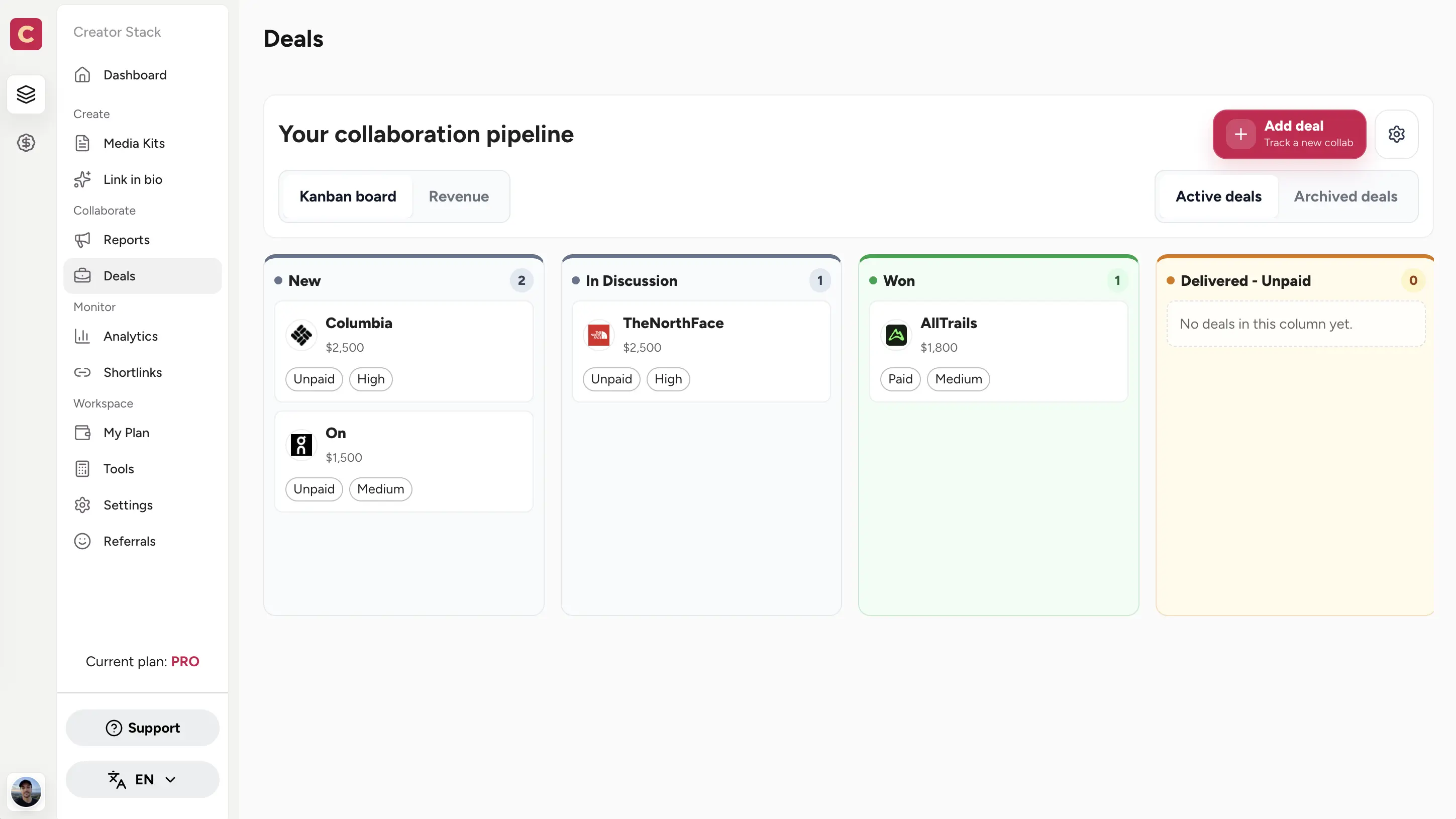 CreatorsJet board for tracking brand deals from inquiry to completion