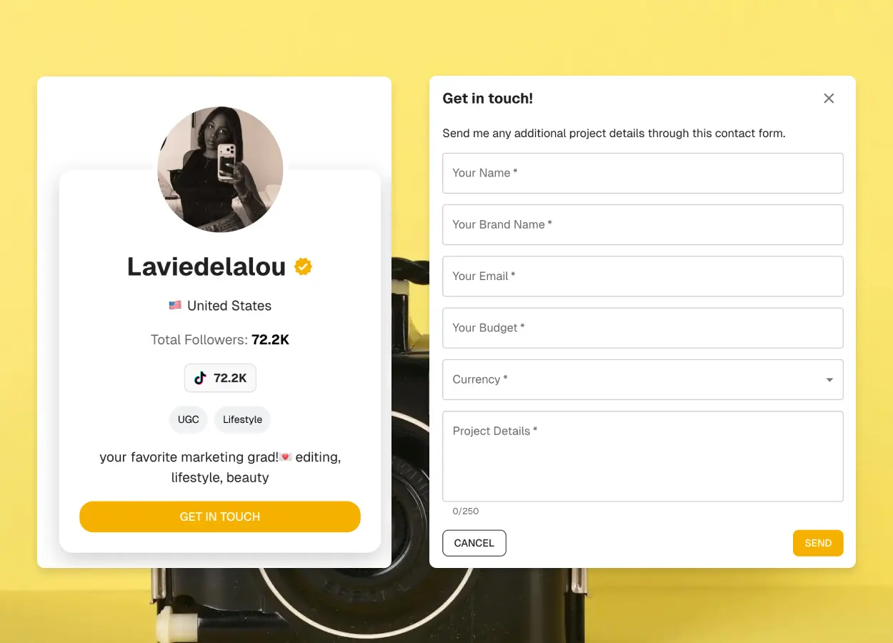 A brand inquiry form on a CreatorsJet media kit